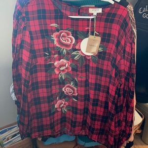 Umgee Red Buffalo Plaid and Floral Blouse